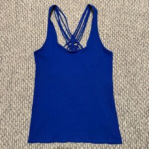 macramé strappy back blue tank top